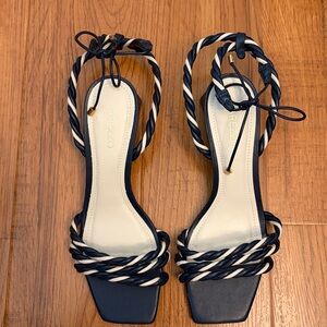 Arezzo Navy Blue & White Braided Low Heel Sandals, Size 6, Preppy‎ Chic